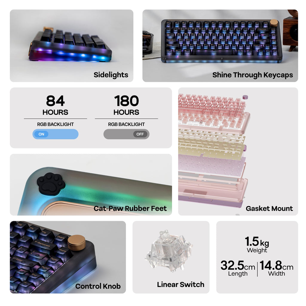 KiiBoom Phantom81 V4 Acrylic Semi-Translucent Mechanical Keyboard, Creamy Gasket, 75% Wireless Gaming Keyboard with 8000mAh Battery, RGB Backlits, Hot Swap, Shine Through, NKRO, Win/Mac (Black)