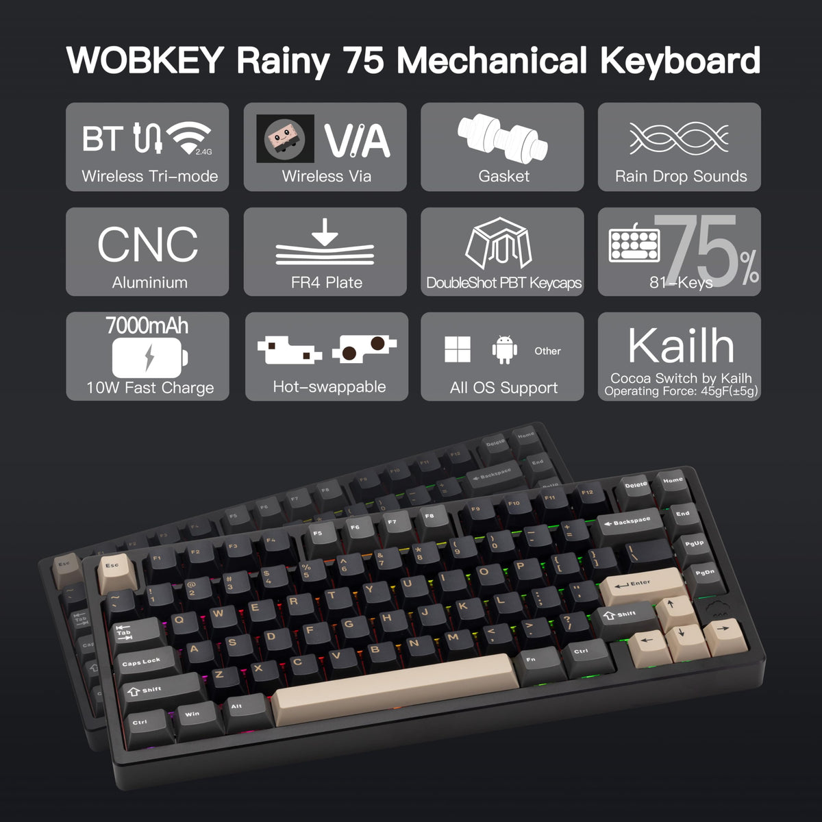 KEEBMONKEY WOBKEY Rainy 75 CNC Aluminum HMX/JWK/Cocoa Switches Triple-Mode Connectivity Mechanical Keyboard with Superior Acoustics, RGB/FR4/Silver SUS304/7000mAh/Cocoa Switch (Pro - Black)