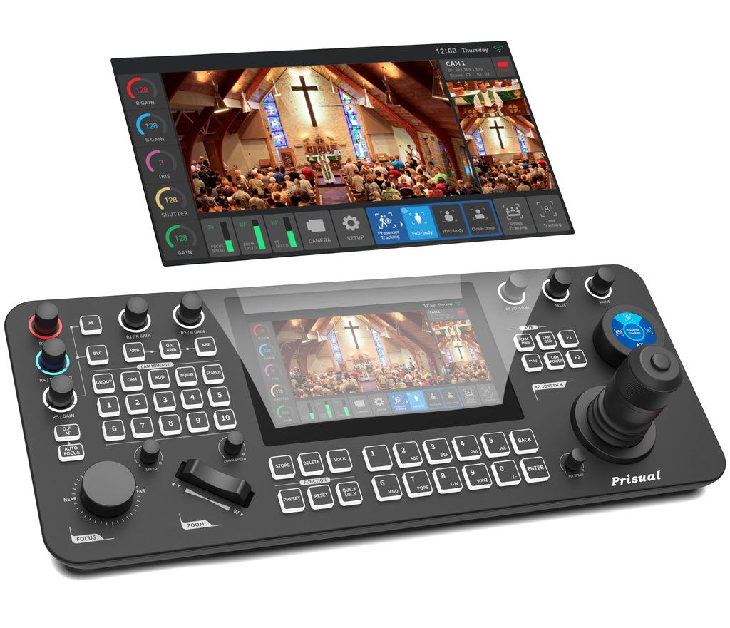 Prisual PRO AI Joy NDI PTZ Camera Controller, 7" Quad-View Touchscreen, AI Tracking Control, 4D Precision Joystick, Multi-Camera IP Control, PoE, VISCA, Tally & HDMI Output for Live Production