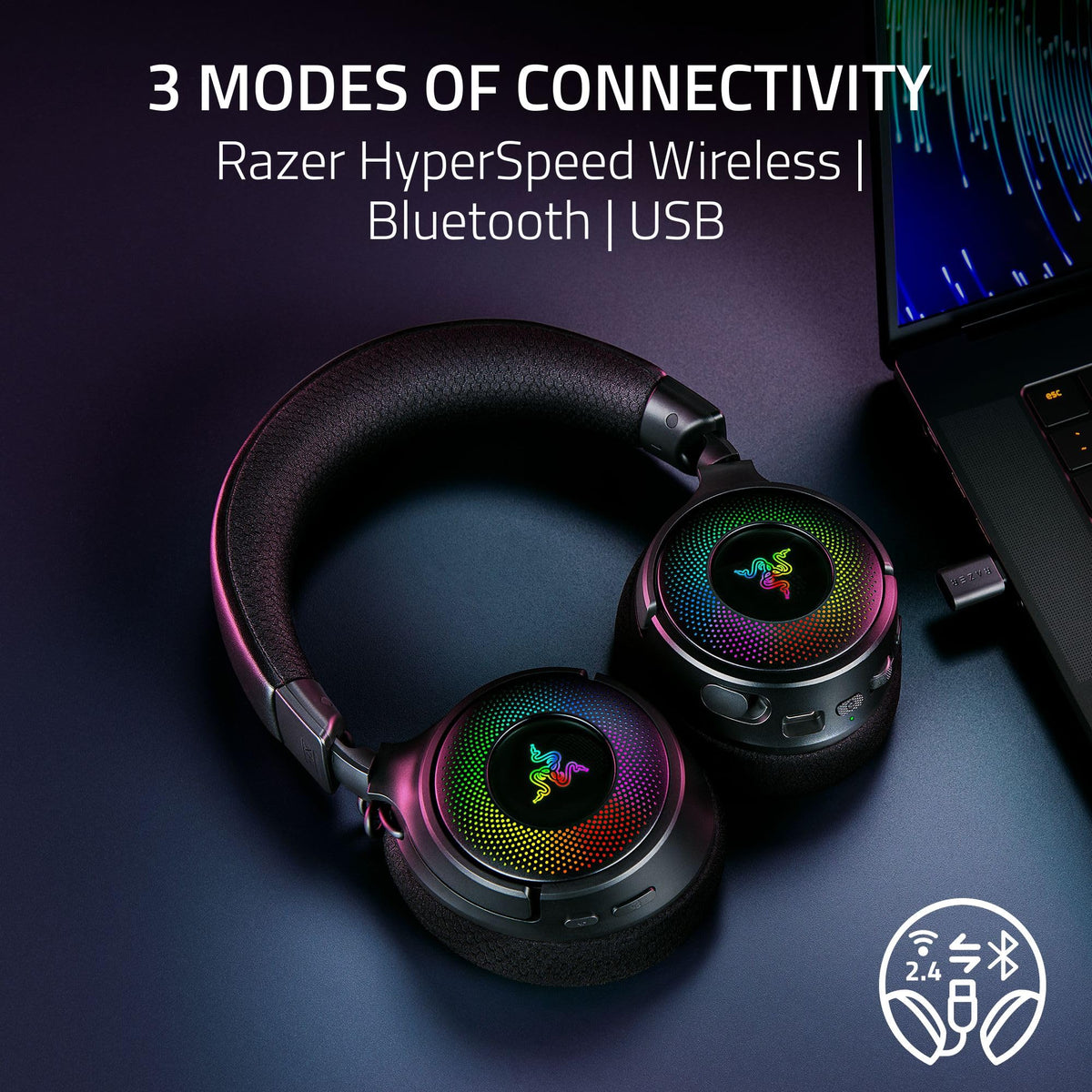 Razer Kraken V4 Wireless 2.4GHz, Bluetooth, USB Gaming Headset, Black