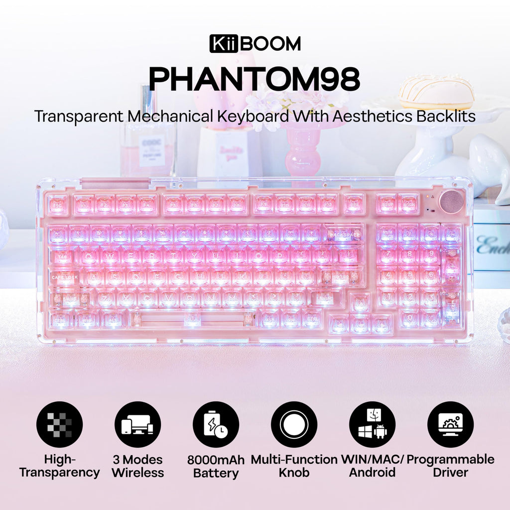 KiiBoom Phantom 98 Crystal Mechanical Gaming Keyboard, Shine Through Keycap