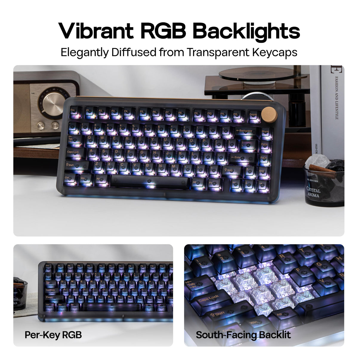 KiiBoom Phantom81 V4 Acrylic Semi-Translucent Mechanical Keyboard, Creamy Gasket, 75% Wireless Gaming Keyboard with 8000mAh Battery, RGB Backlits, Hot Swap, Shine Through, NKRO, Win/Mac (Black)