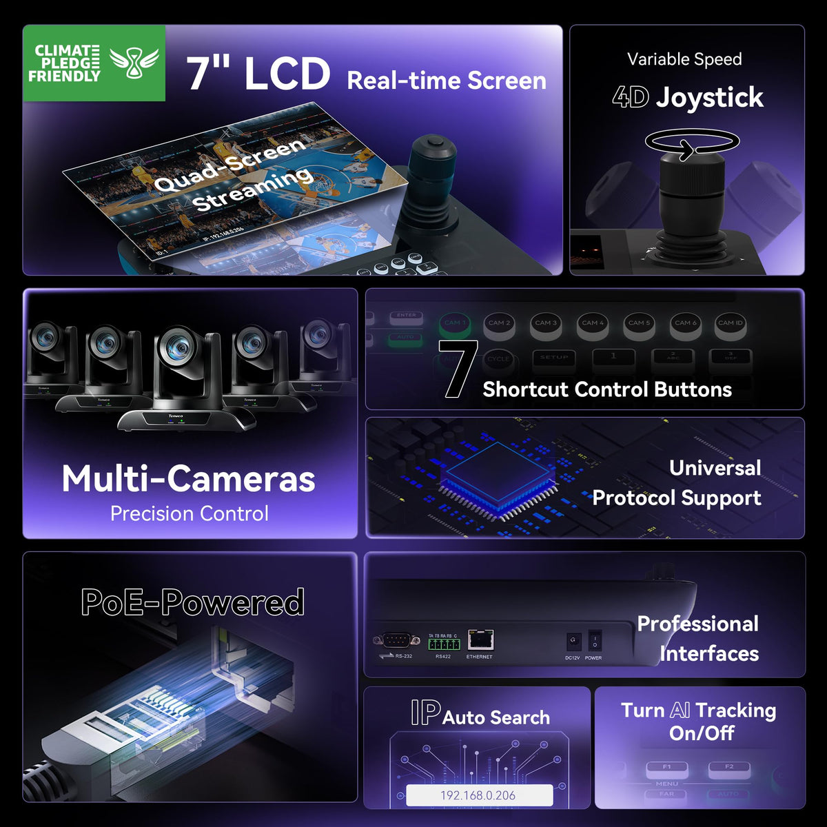 Tenveo NDI PTZ Camera Joystick Controller, 7’’ LCD Quad-Screen Real-time Preview, 4D Joystick Controller, NDI License Included, Support NDI PoE VISCA Pelco-D/P For Church Worship Live Event Streaming