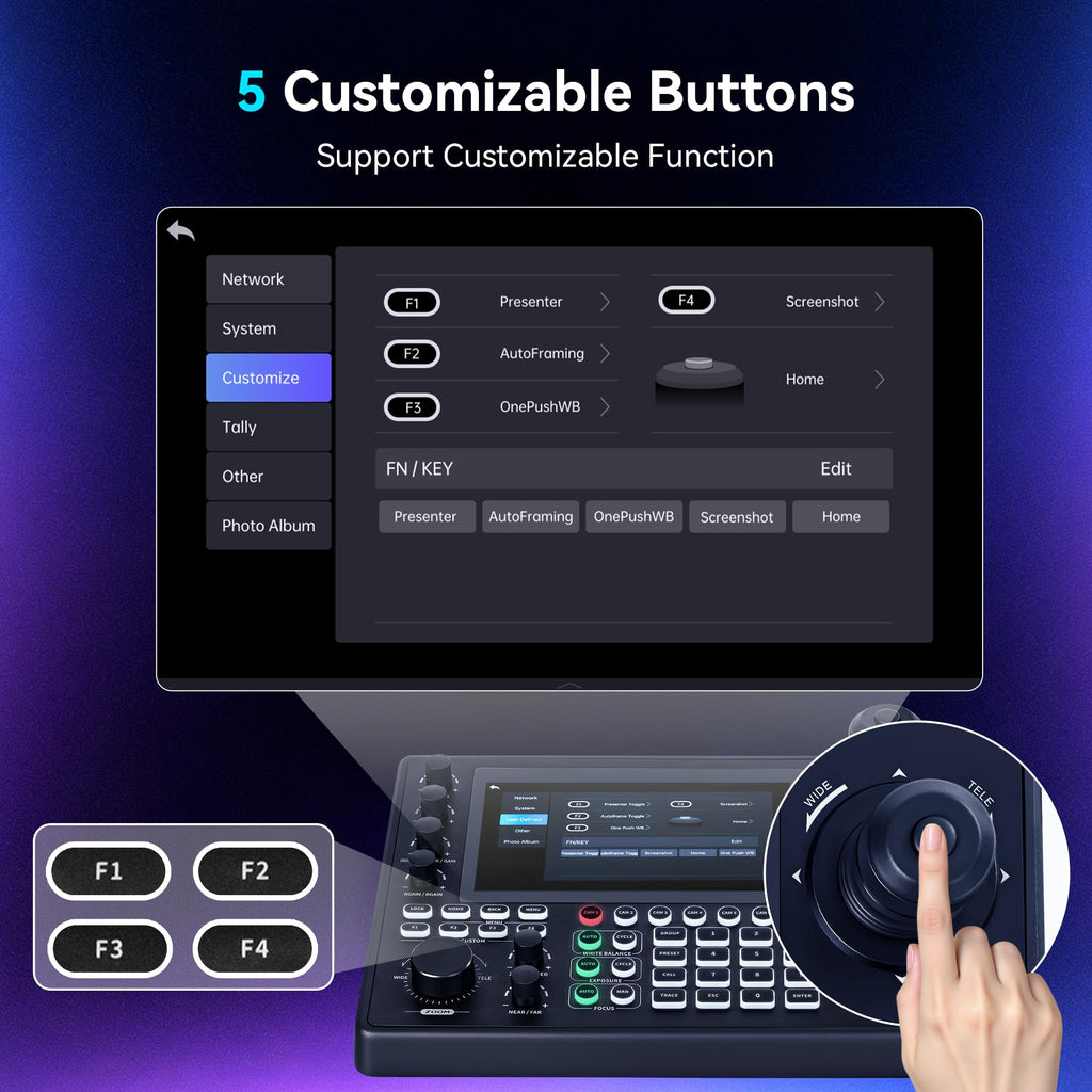 Tenveo NDI PTZ Joystick Controller, 7’’ LCD Quad-View Touchscreen, Camera Group Calling, 5 Custom Buttons, HDMI Output, Tally, Support NDI PoE VISCA Pelco-D/P, NDI|HX3 Certified, for Church Events