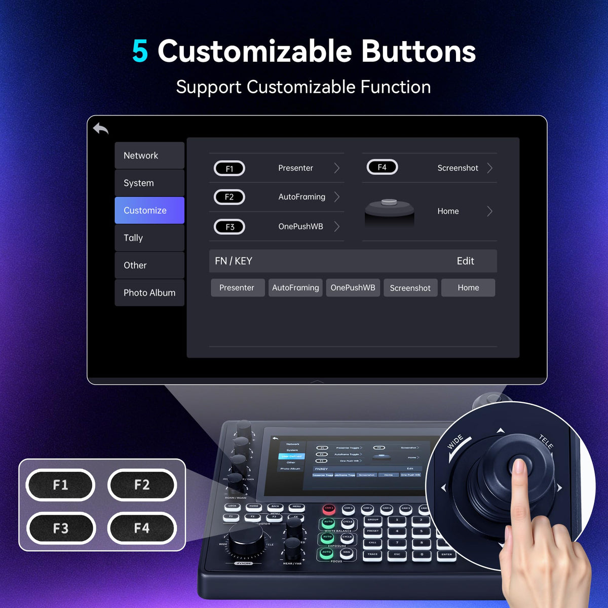 Tenveo NDI PTZ Joystick Controller, 7’’ LCD Quad-View Touchscreen, Camera Group Calling, 5 Custom Buttons, HDMI Output, Tally, Support NDI PoE VISCA Pelco-D/P, NDI|HX3 Certified, for Church Events
