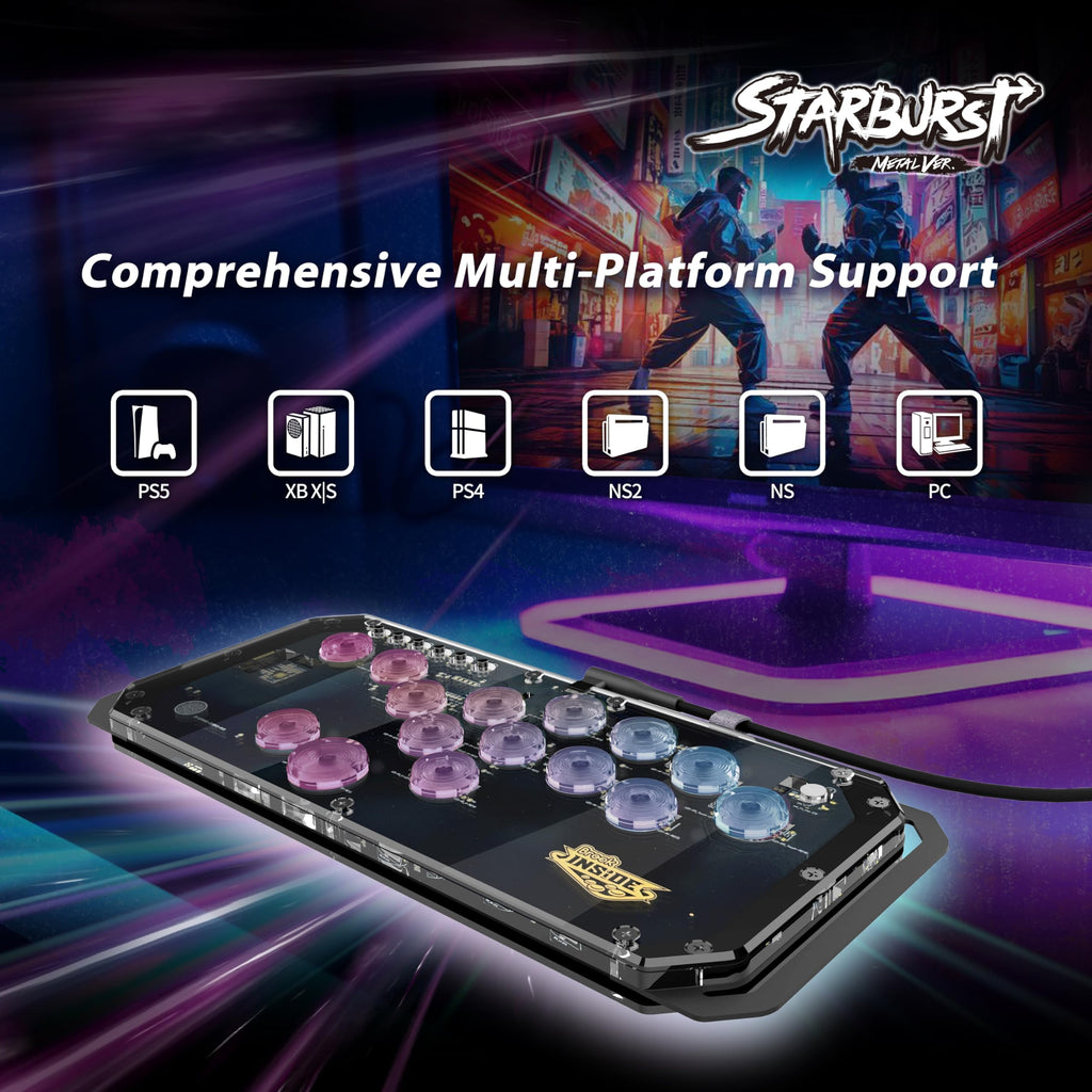 Brook Fighter Starburst Metal Ver. All-Button Arcade Controller for PS5, PS4, Xbox Series X|S, NS, NS2 & PC, Metal Side Handles, Hot-Swappable Switches, RGB Lighting, Officially Licensed (Black)