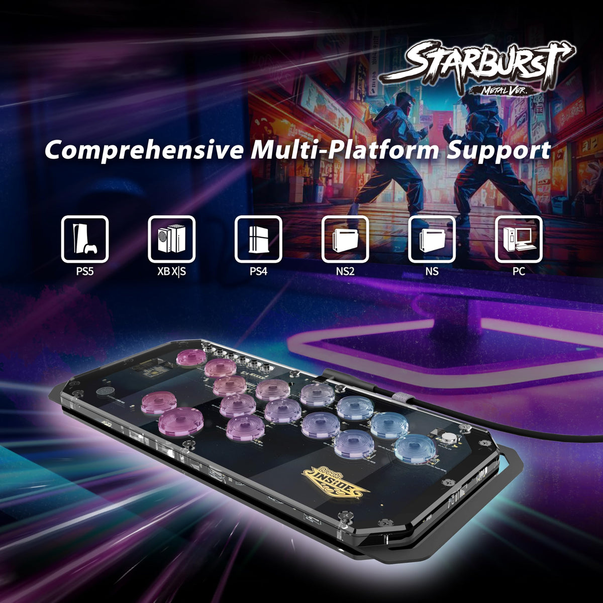 Brook Fighter Starburst Metal Ver. All-Button Arcade Controller for PS5, PS4, Xbox Series X|S, NS, NS2 & PC, Metal Side Handles, Hot-Swappable Switches, RGB Lighting, Officially Licensed (Black)