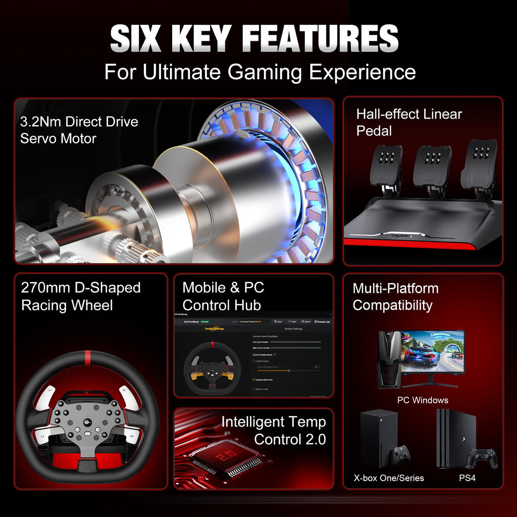 PXN V10 PRO Direct Drive Sim Racing Wheel, 3.2Nm Force Feedback Servo Motor, 270mm Detachable Wheel with 3 Hall Effect Pedals, 17 Buttons, Compatible with PC, Xbox One, Xbox Series X|S, PS4