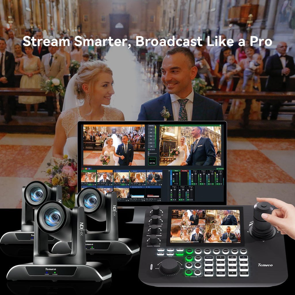 Tenveo NDI PTZ Camera Joystick Controller, 7’’ LCD Quad-Screen Real-time Preview, 4D Joystick Controller, NDI License Included, Support NDI PoE VISCA Pelco-D/P For Church Worship Live Event Streaming
