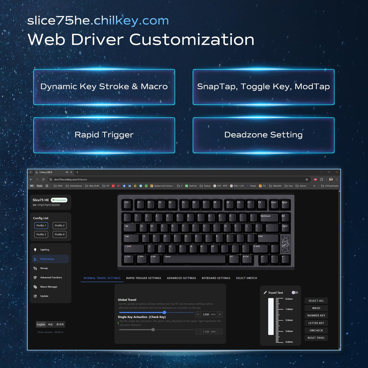 OOCTPK Mechanical Keyboard, Chilkey Slice75 HE Gaming Keyboard Wired, 75% Hall Effect Magnetic Aluminum Keyboard with WS Flux HE Clacky Switch, Rapid Trigger, 8K Polling, RGB Custom, PC/Mac Support