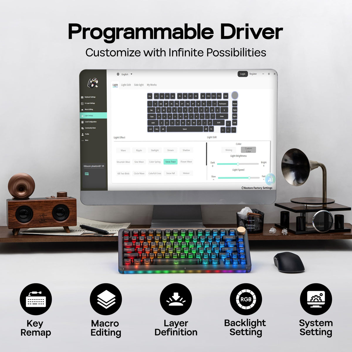KiiBoom Phantom81 V4 Acrylic Semi-Translucent Mechanical Keyboard, Creamy Gasket, 75% Wireless Gaming Keyboard with 8000mAh Battery, RGB Backlits, Hot Swap, Shine Through, NKRO, Win/Mac (Black)