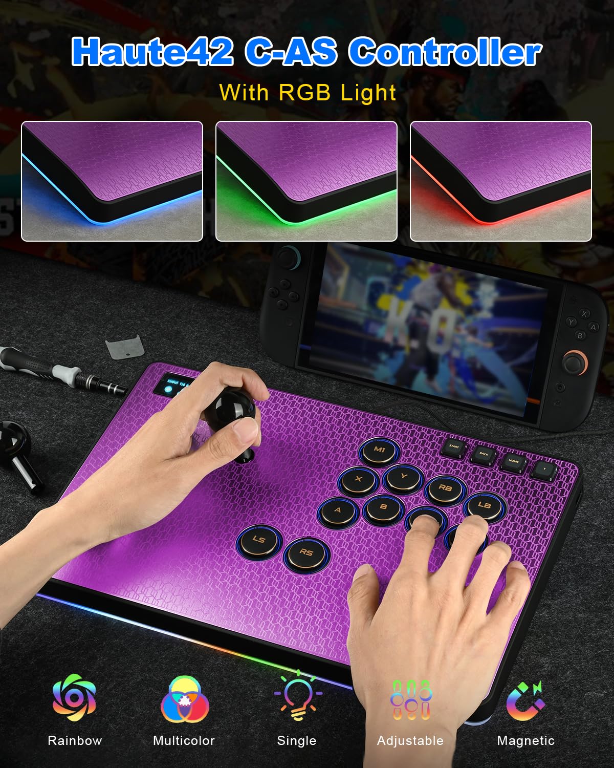 Leverless Controller Arcade Stick: Magnetic Arcade Stick CAS with RGB ,Premium Aluminum Haute42 CAS Fightstick for PC/PS3/PS4/Switch Game with Lock Button Support Hot Swap & SOCD (Purple)