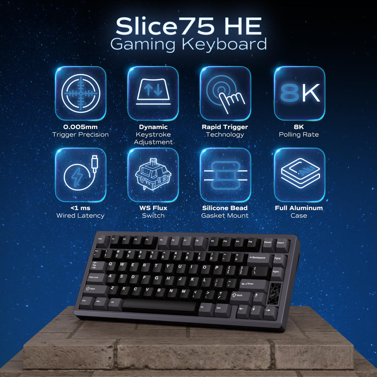 OOCTPK Mechanical Keyboard, Chilkey Slice75 HE Gaming Keyboard Wired, 75% Hall Effect Magnetic Aluminum Keyboard with WS Flux HE Clacky Switch, Rapid Trigger, 8K Polling, RGB Custom, PC/Mac Support