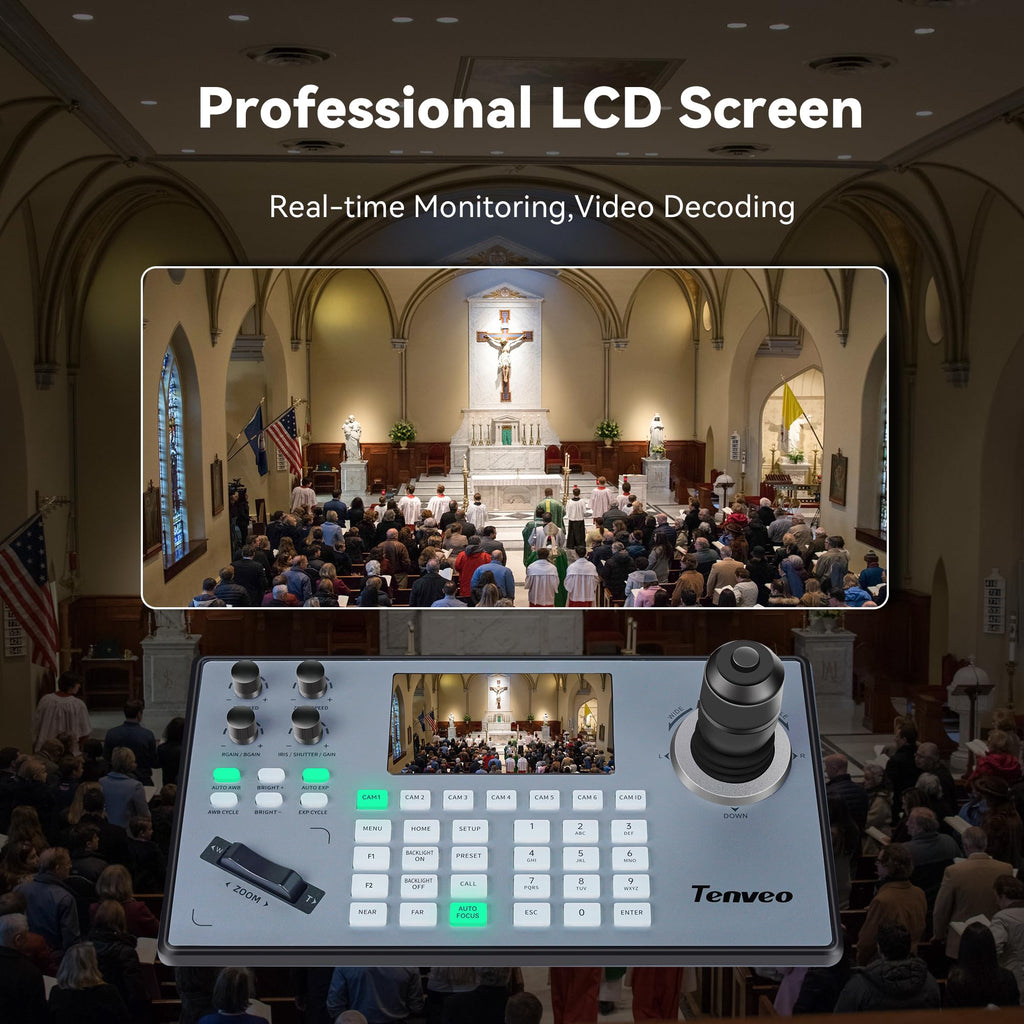 Tenveo NDI PTZ Camera Joystick Controller, 5'' LCD Screen Real-time Preview 4D Joystick Controller, NDI License Included, Support NDI PoE VISCA Pelco-D/P RJ45 For Church Live/Events/Live Streaming