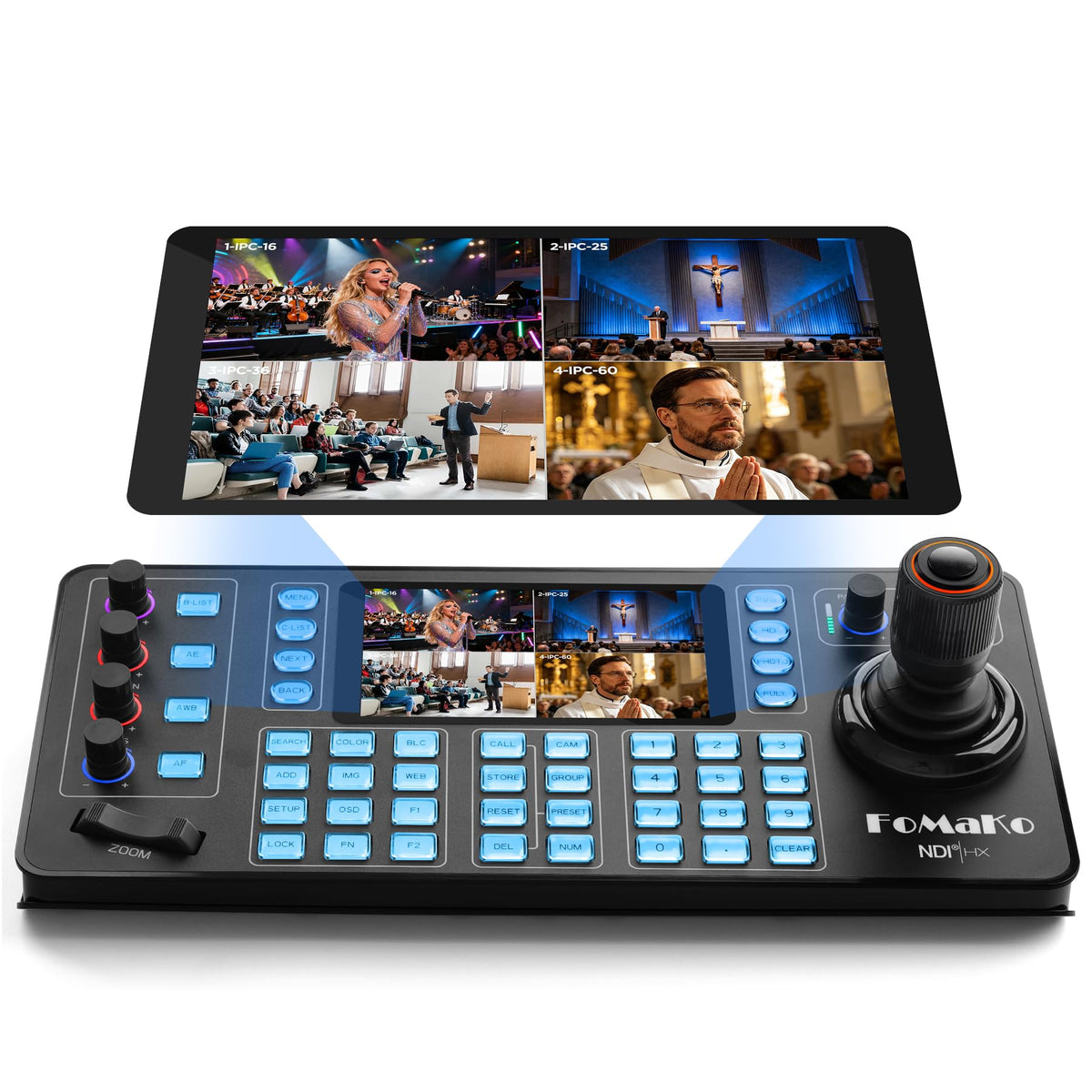KC608N NDI PTZ Camera Controller, Quad-Screen 4K Multi-Channel Preview, 5.5" Capacitive Touchscreen,4D Hall Joystick, PoE, VISCA/Pelco/NDI HX, for Church, Worship, Studio, Education,Events