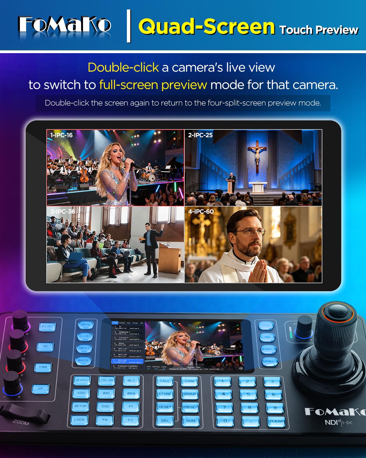 KC608N NDI PTZ Camera Controller, Quad-Screen 4K Multi-Channel Preview, 5.5" Capacitive Touchscreen,4D Hall Joystick, PoE, VISCA/Pelco/NDI HX, for Church, Worship, Studio, Education,Events