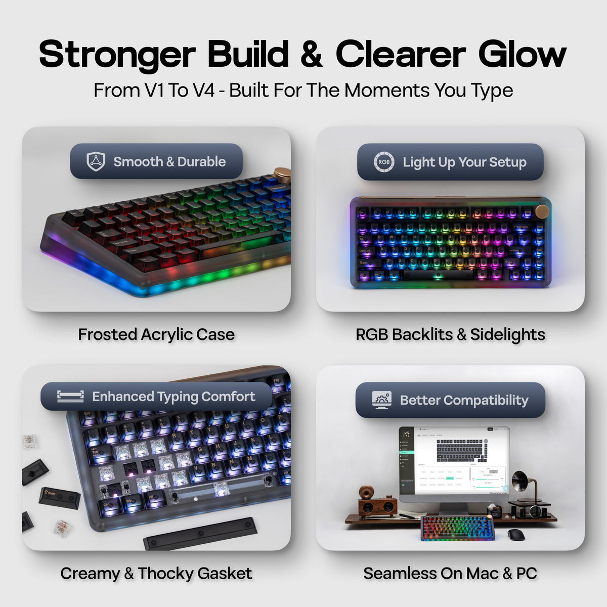 KiiBoom Phantom81 V4 Acrylic Semi-Translucent Mechanical Keyboard, Creamy Gasket, 75% Wireless Gaming Keyboard with 8000mAh Battery, RGB Backlits, Hot Swap, Shine Through, NKRO, Win/Mac (Black)