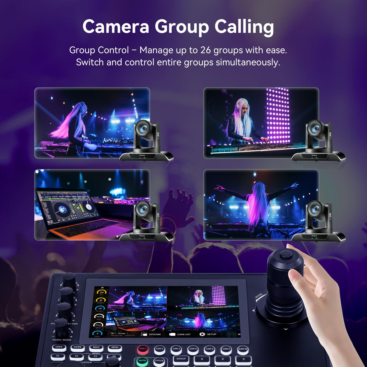 Tenveo NDI PTZ Joystick Controller, 7’’ LCD Quad-View Touchscreen, Camera Group Calling, 5 Custom Buttons, HDMI Output, Tally, Support NDI PoE VISCA Pelco-D/P, NDI|HX3 Certified, for Church Events