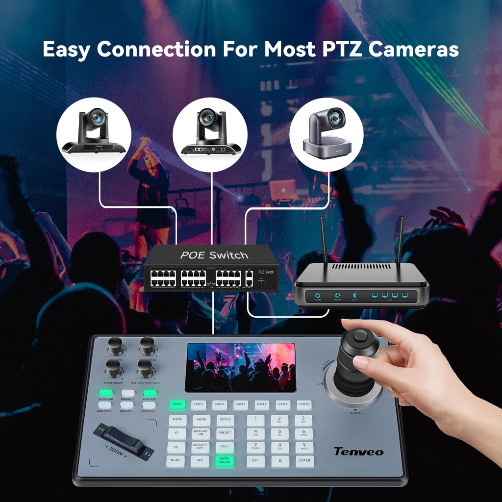 Tenveo NDI PTZ Camera Joystick Controller, 5'' LCD Screen Real-time Preview 4D Joystick Controller, NDI License Included, Support NDI PoE VISCA Pelco-D/P RJ45 For Church Live/Events/Live Streaming