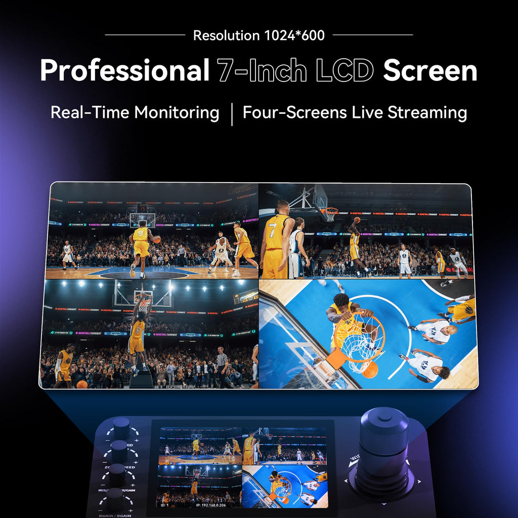 Tenveo NDI PTZ Camera Joystick Controller, 7’’ LCD Quad-Screen Real-time Preview, 4D Joystick Controller, NDI License Included, Support NDI PoE VISCA Pelco-D/P For Church Worship Live Event Streaming