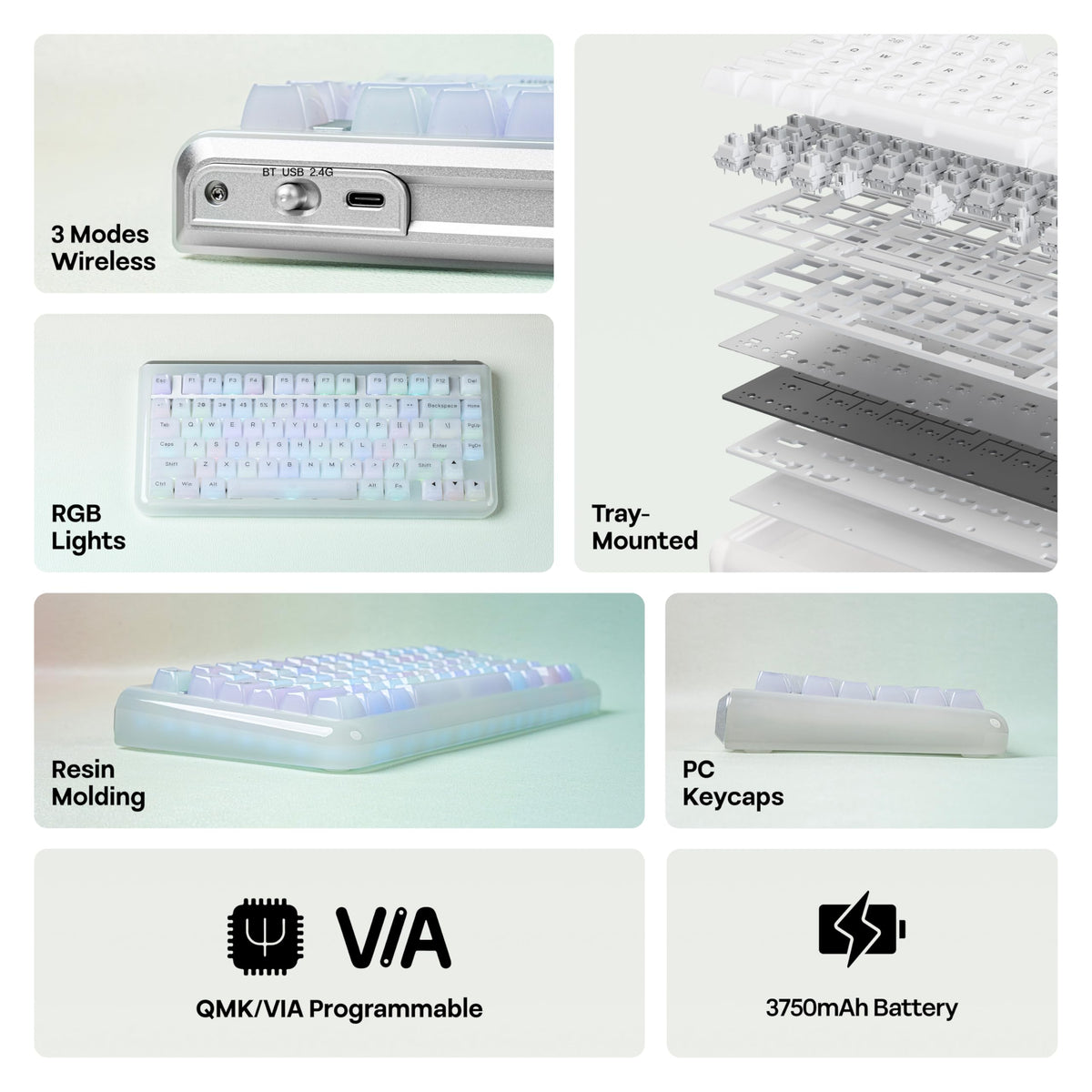 KiiBoom Jade75 75% Resin Molding Mechanical Keyboard, BT5.0/USB-C/2.4GHz
