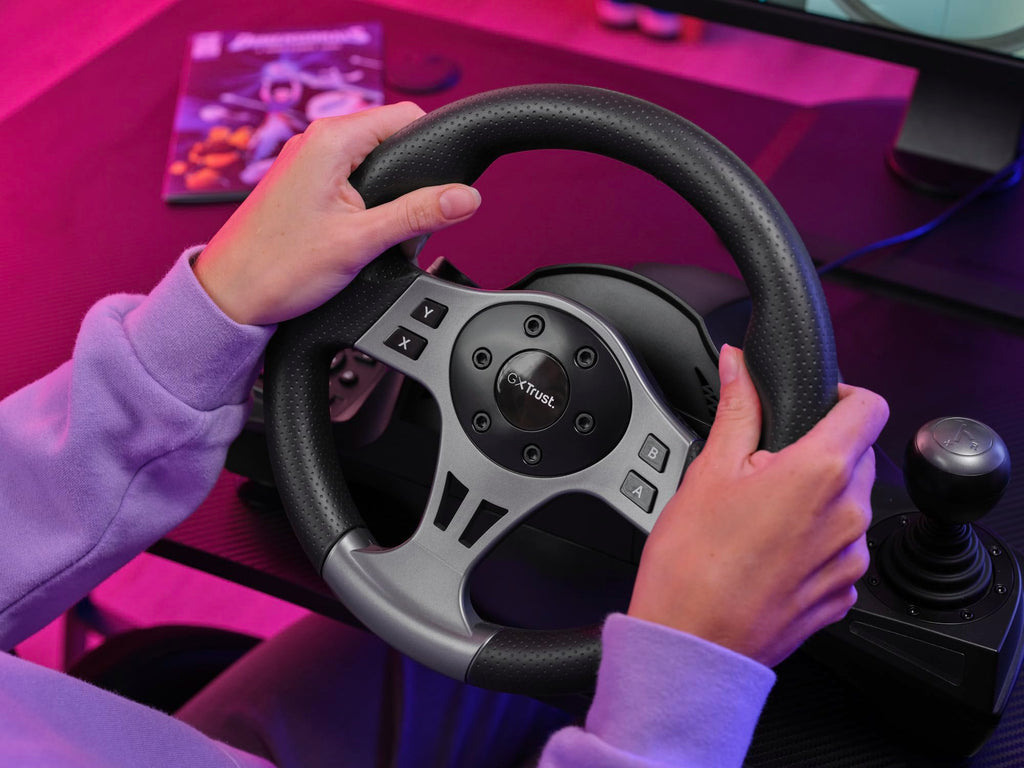Trust GXT 289 Movi Gaming Steering Wheel PC, Xbox Series X/S, PS4, Nintendo Switch, Racing Wheel with Pedals, Shift Paddles, Vibration Feedback, Sim Racing Farming Simulator / F1 / Gran Turismo