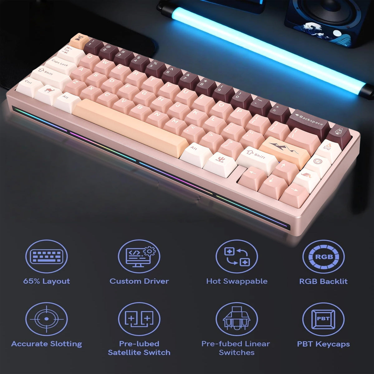 Loeskii WEIKAV 65-Key CNC Aluminum Mechanical Keyboard, Tri-Mode Wireless, Hot Swappable Linear Switch, Quick Release Structure, QMK/VIA, PBT Keycaps, Sound Dampening, NKRO, RGB, Win/Mac