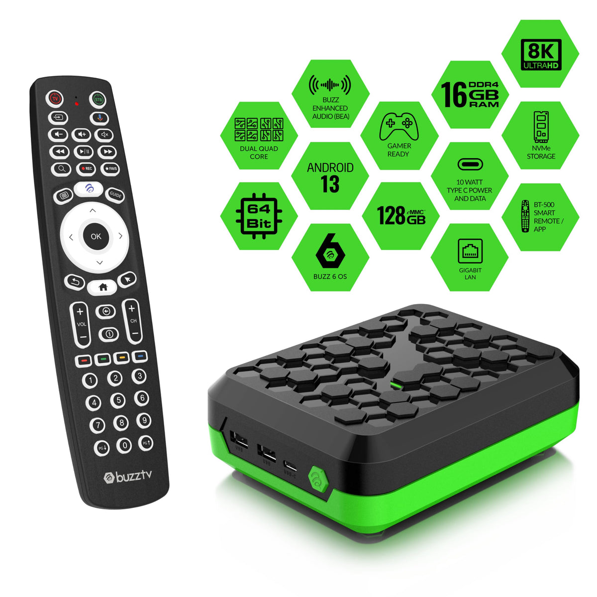 BuzzTV P6 PowerStation Media Hub with 16GB DDR4 RAM, Expandable NVMe Storage, Android 13, Dual Quad-Core Processors, Wireless AX and BT-500 Smart Remote
