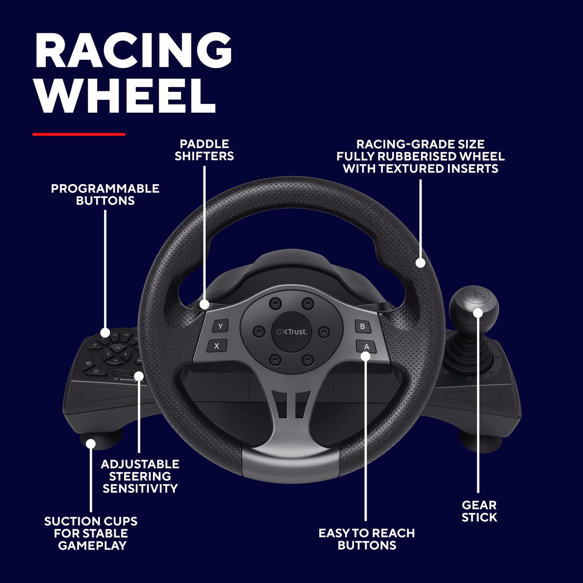 Trust GXT 289 Movi Gaming Steering Wheel PC, Xbox Series X/S, PS4, Nintendo Switch, Racing Wheel with Pedals, Shift Paddles, Vibration Feedback, Sim Racing Farming Simulator / F1 / Gran Turismo