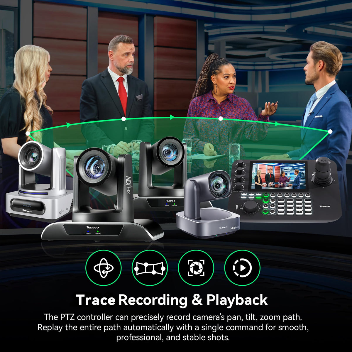 Tenveo NDI PTZ Camera Joystick Controller, 7’’ LCD Quad-Screen Real-time Preview, 4D Joystick Controller, NDI License Included, Support NDI PoE VISCA Pelco-D/P For Church Worship Live Event Streaming