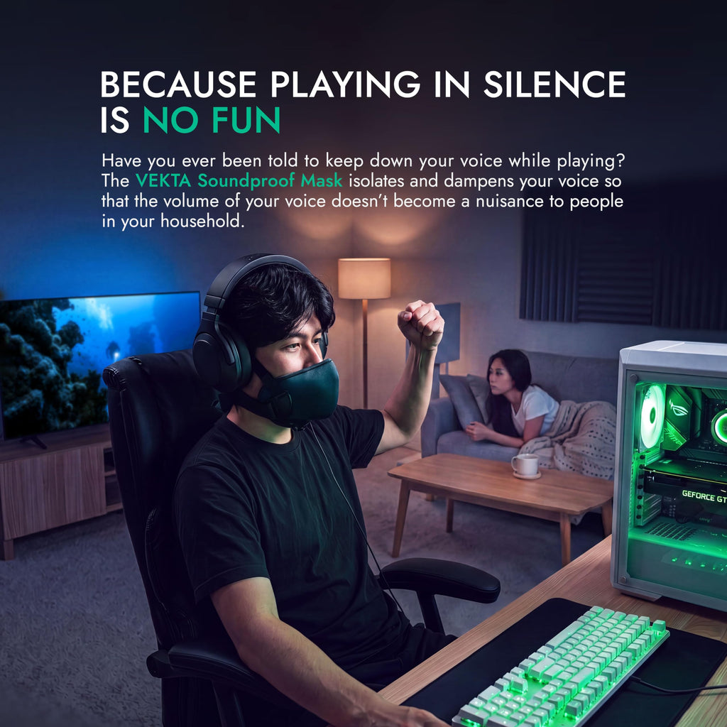 METADOX VEKTA Soundproof Gaming Mask – Up to 30 dB Sound Dampening – Clear-Voice Built-in Mic + Optional Earphones – Comfortable, Easy Breathing – USB Wired for PC/PS4/PS5/Switch/Mobile (L/XL)
