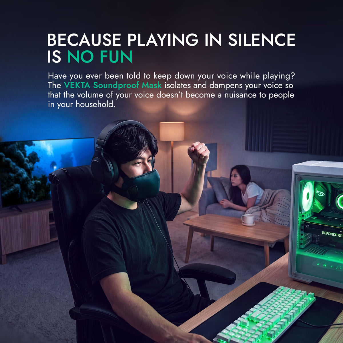 METADOX VEKTA Soundproof Gaming Mask – Up to 30 dB Sound Dampening – Clear-Voice Built-in Mic + Optional Earphones – Comfortable, Easy Breathing – USB Wired for PC/PS4/PS5/Switch/Mobile (S/M)