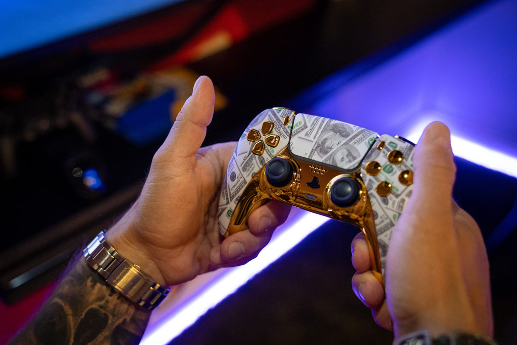 MODDEDZONE Custom Wireless Controller compatible with PS5 Exclusive Unique Designs | Personalize Your Gaming Experience and Exceptional Performance| Compatible with Playstation 5 (Gold Money)