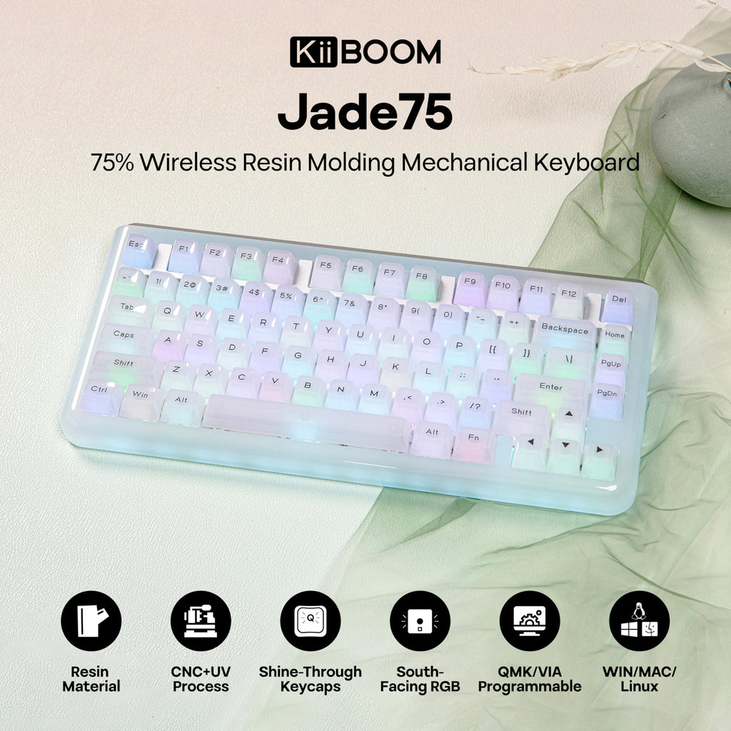 KiiBoom Jade75 75% Resin Molding Mechanical Keyboard, BT5.0/USB-C/2.4GHz