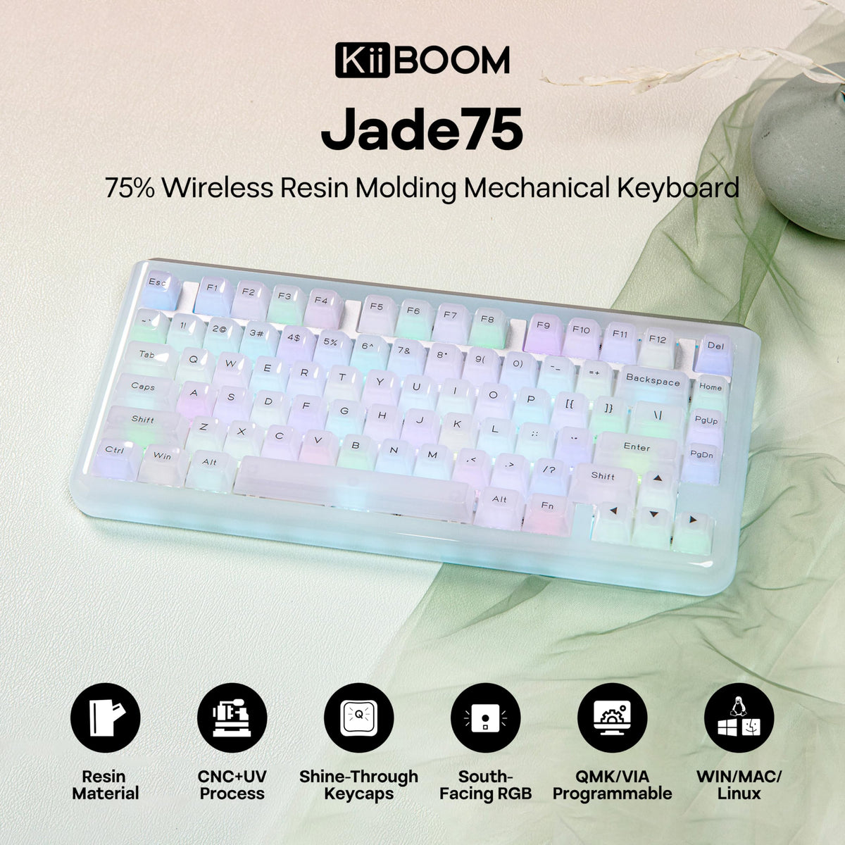 KiiBoom Jade75 75% Resin Molding Mechanical Keyboard, BT5.0/USB-C/2.4GHz