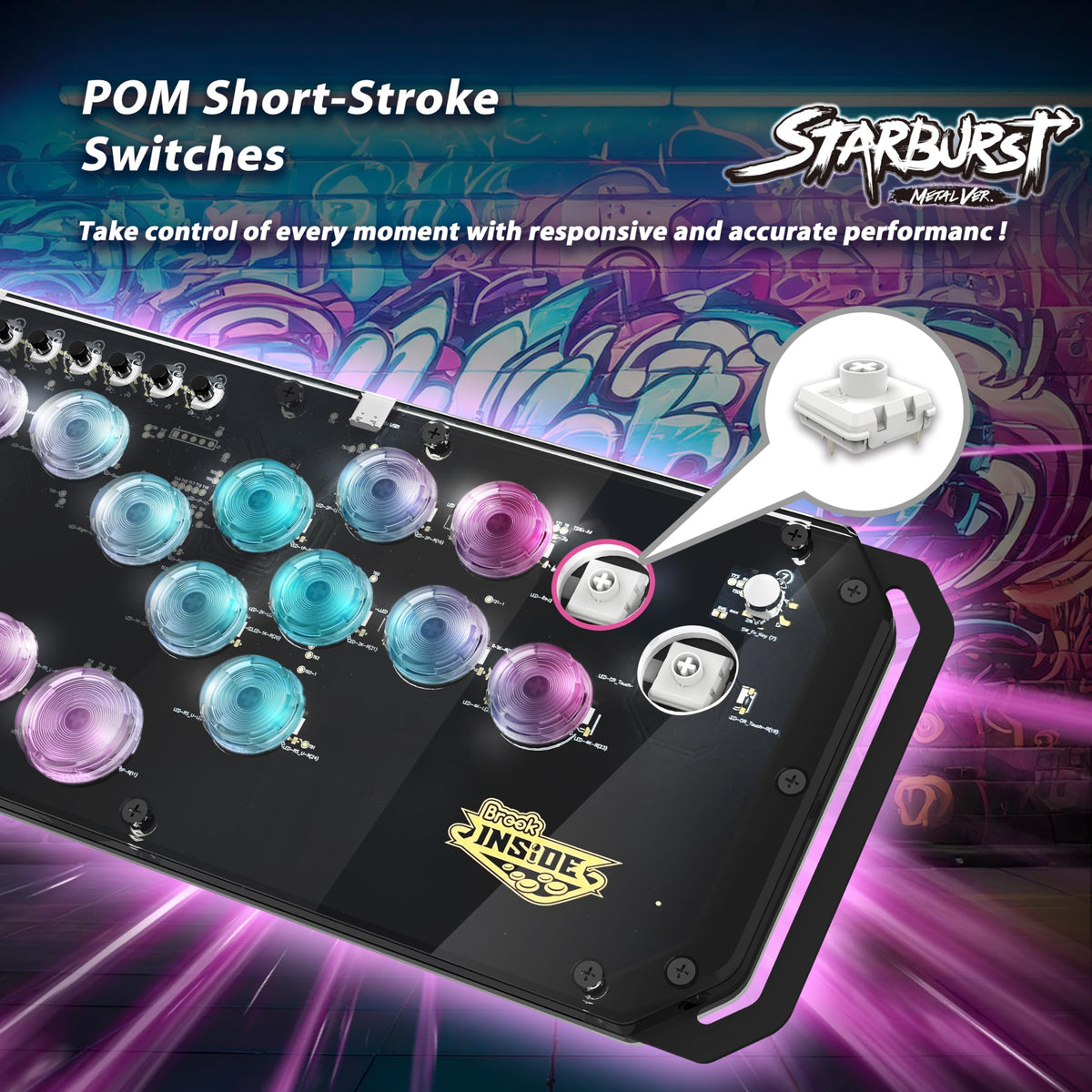 Brook Fighter Starburst Metal Ver. All-Button Arcade Controller for PS5, PS4, Xbox Series X|S, NS, NS2 & PC, Metal Side Handles, Hot-Swappable Switches, RGB Lighting, Officially Licensed (Black)