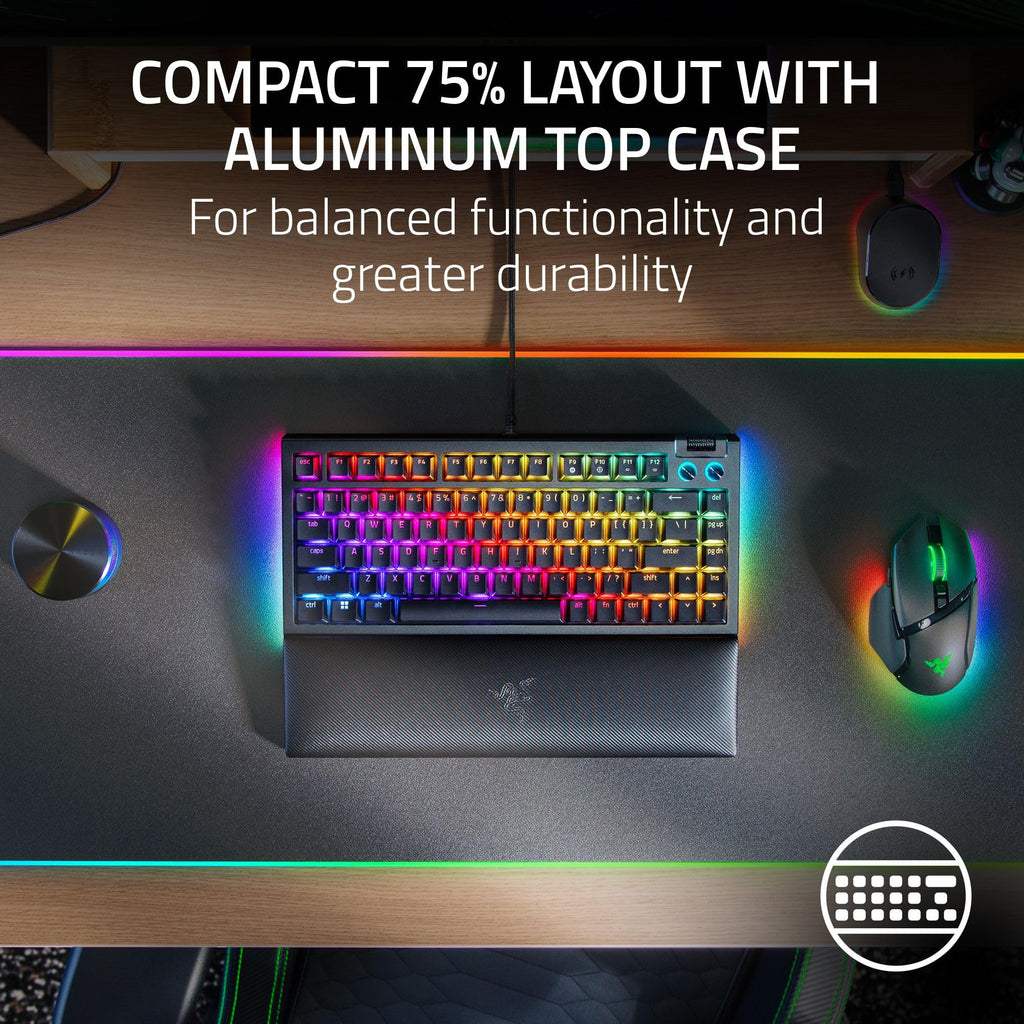 Razer BlackWidow V4 75% Mechanical Gaming Keyboard: Hot-Swappable Design - Compact & Durable - Orange Tactile Switches - Chroma RGB - MF Roller & Media Keys - Comfortable Wrist Rest - Black (Renewed)