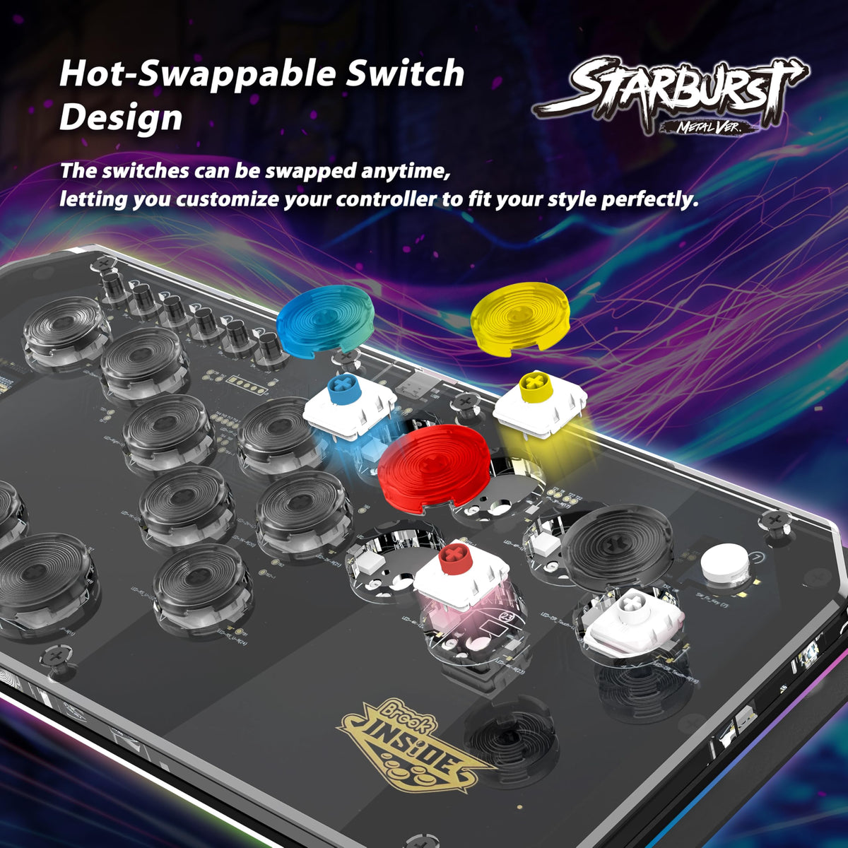 Brook Fighter Starburst Metal Ver. All-Button Arcade Controller for PS5, PS4, Xbox Series X|S, NS, NS2 & PC, Metal Side Handles, Hot-Swappable Switches, RGB Lighting, Officially Licensed (Black)